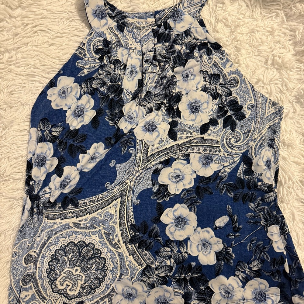 INC International Concepts Floral Blouse Blue and White